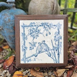 Rare and Unique Antique French Art-Nouveau Design Blue & White Musical Tiled Trivet-Carved Oak Base-Art-Nouveau Tiled Top-Petrol Blue Birds
