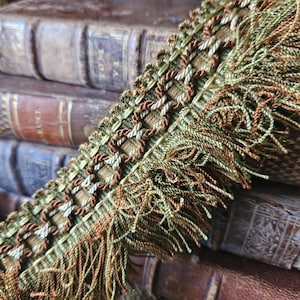 3.65 Mtrs of Vintage French Bronze & Olive Green Silky Tassle Fringe Textile Passementerie Trim-Stunning Design-Period Colours for Projects