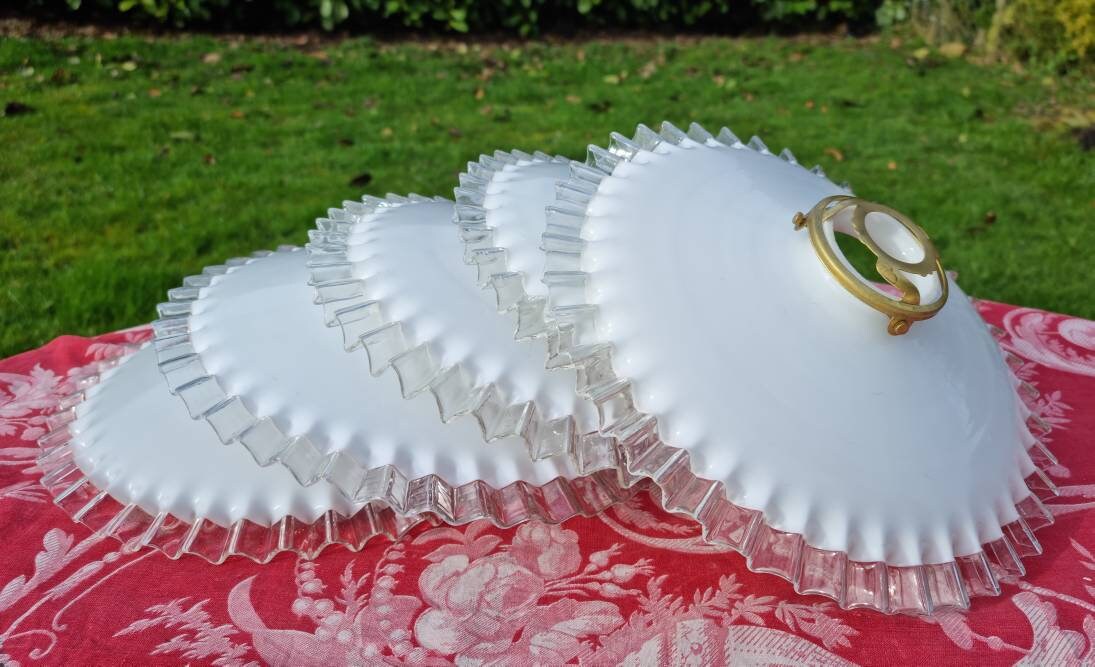 Single Superbe Vintage Français Plafonnier Suspendu en Verre Opaque Blanc Des Années 1950, Teinte Co