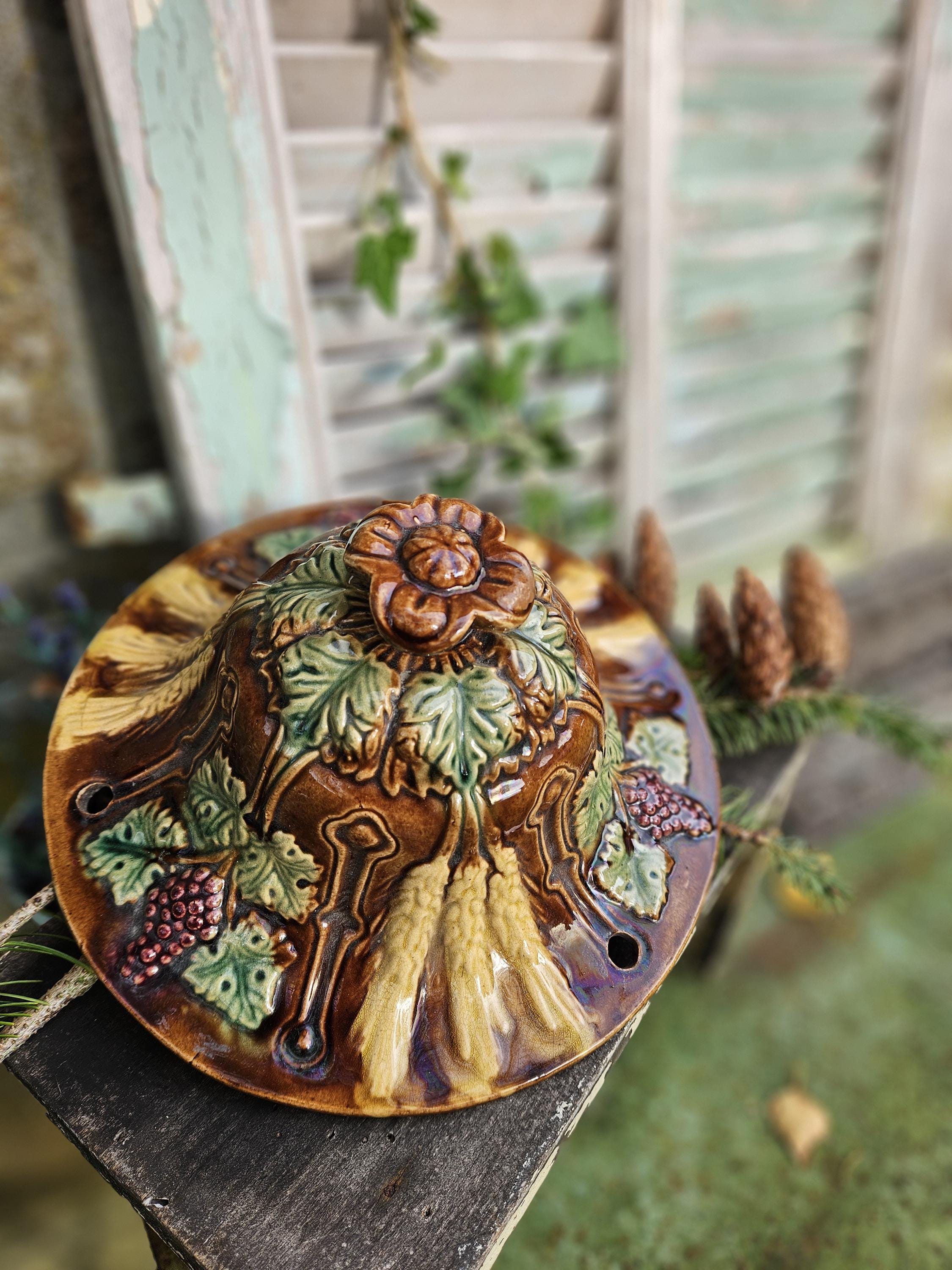 花器　JEAN Boggio for Franz「JB00363０」水盤 Gorgeous Antique French Faience Green & Brown Barbotine Majolica