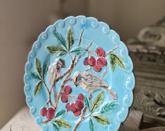 Lebendiger antiker französischer Sarreguemines Fayence Majolica Barbotine Oiseaux Vogel Teller-Schöner Türkis Stück-sammelbarer Wandteller