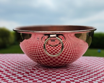 Fabelhaft französische Vintage MATFER Bourgeat Cul de Poule Rolled Rim Kupfer Cuivre Rührschüssel-Timeworn Patina, Messinghängender Ring-Villedieu