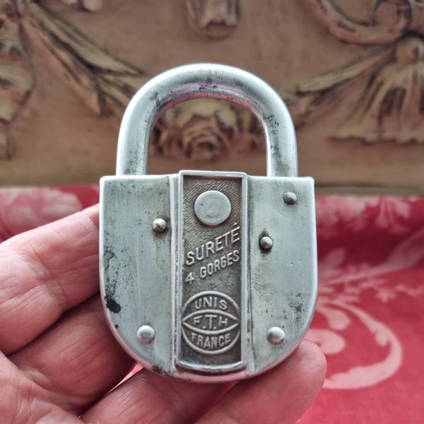 Vintage French Surete Silvered Metal Padlock c.1960's,with Original Key, Chic Shabby Hardware,Architectural Industrial Salvage,Bauhaus