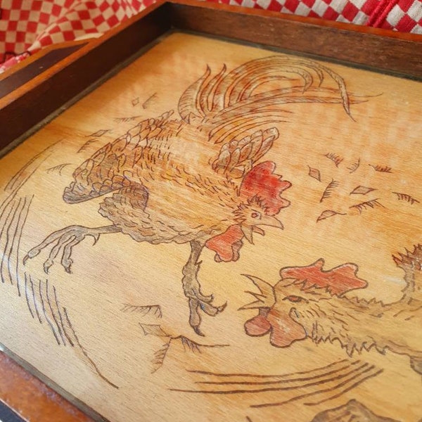 Rare Artisanal Antique French Art-Deco signed Pyrography Fighting Cockerels / Roosters Sturdy Twin-handled Wooden Tray, Glass Covered Design