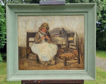 Mid-Century Expressionist French Framed Seated Woman / Child Knitting Study Oil on Carton Tableau / Painting, Huile à Bord Impasto c.1950's