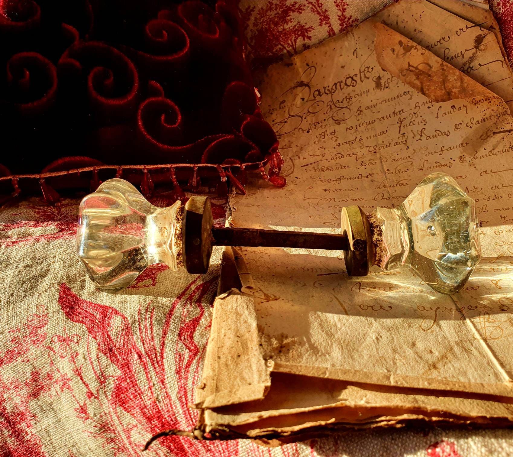 Fabuleux Français Poignée de Porte Tactile en Verre Vieux Cristal, Boutons Latéraux Hexagonaux Crist