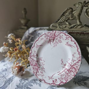 Häpnadsväckande 1800-tals antika franska Assiette / Tallrik - Modell 'Rambouillet' de K & G Luneville en Terre de Faïence Rose / Rosa och vita fåglar... bild 1