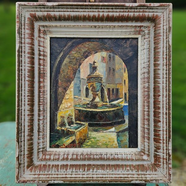 Vintage francés de mediados de siglo enmarcado artista firmado Impasto óleo sobre lienzo Tableau / Pintura de La Grande Fontaine St Paul De Vence por M. Juenin