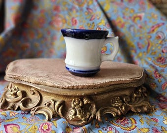 Rare Heavy Timeworn Antique French Art-Deco Cobalt Flow-Blue & White Café Brûlot Bistro Brulot Coffee Cup-Striking Deep Blue Colourway
