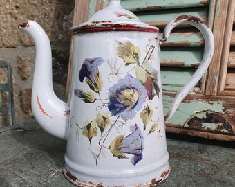 Exquisitely Sublime Antique French Chic Shabby Floral Chippy Enamel Coffee Pot / Cafetiere,Rare Double-sided Patterned Piece-Gorgeous design