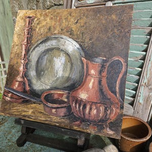 Charming Vintage French Huile sur Panneau-Still Life Oil on Board-Rustic Cuisine Nature Morte-unsigned André Hardy-Renowned Normandy Artist