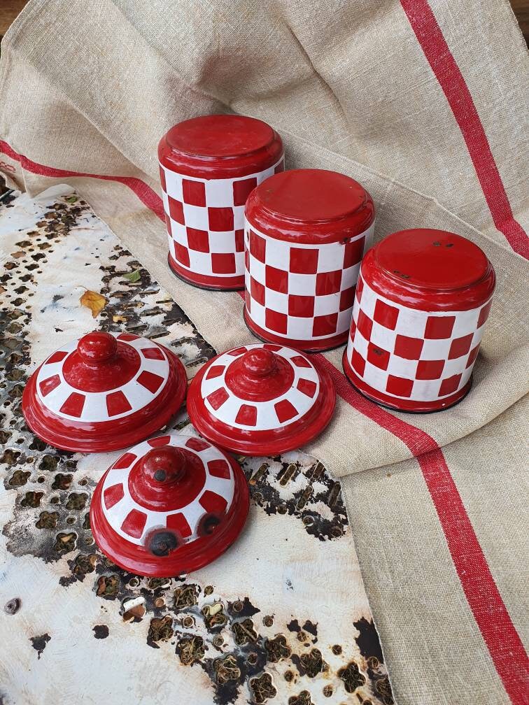Striking Trio of Graduated Antique French Art-deco Red & White