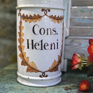 RARE 18thC Antique French Heavy Tin Glaze Hand-painted Albarello / Apothecary / Pharmacie Jar-CONS.HELENI-Chemist Jar Pharmacie Collectable