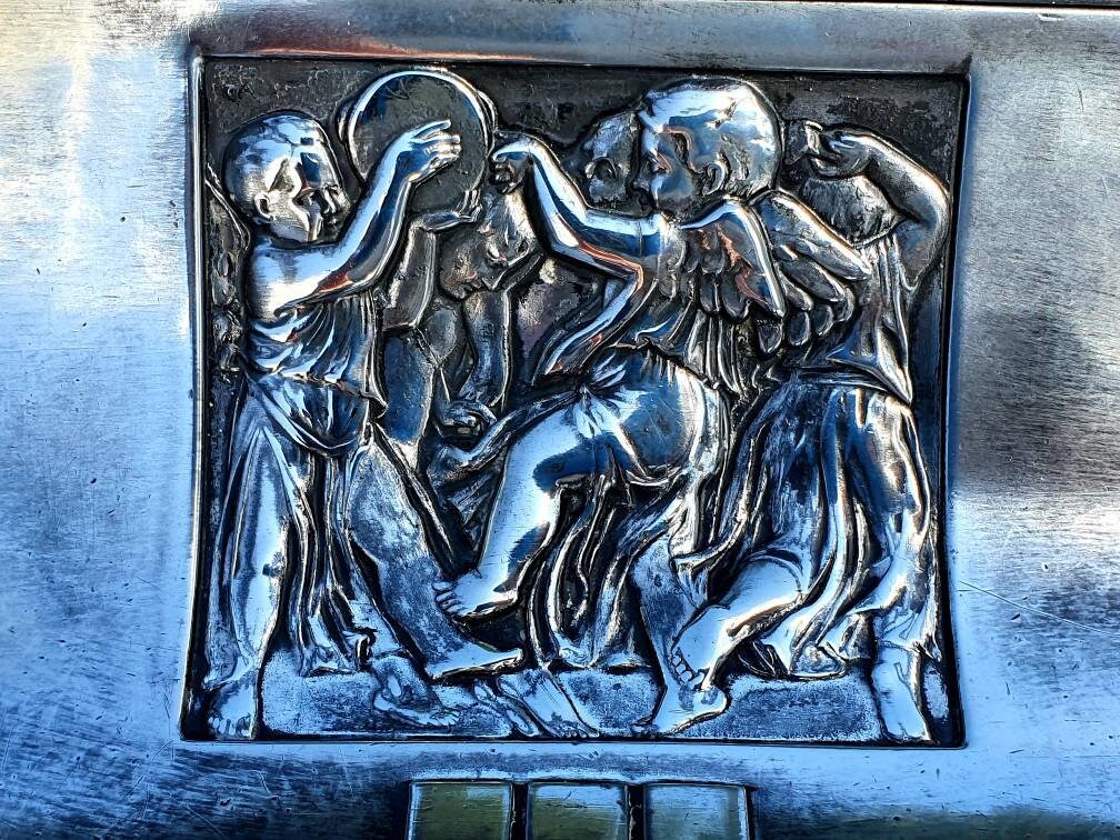 Superbe Antique Français Art Nouveau Sécessionniste en Étain Encrier, Encrier-Wmf Allemagne, C.1910,