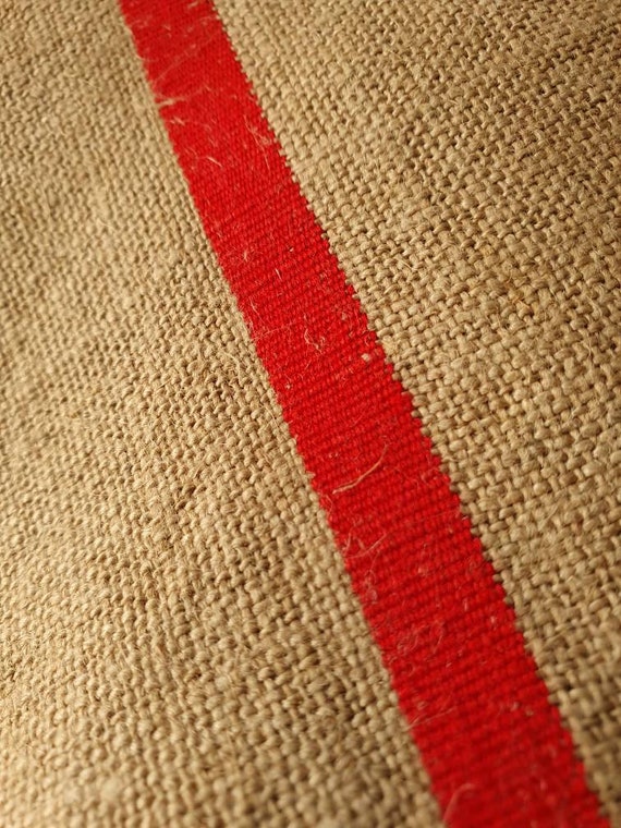 Rustic Un-hemmed Antique French Red Striped Hessian Linen Remnant-Authentic French Textile for Home Decor Projects,Upholstery,Cushions etc