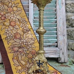 Stunning 19thC Antique French Religious Single Gilt Bronze Ormolu Altar Candlestick,Bougeoir-Featuring Blue Enamelled Crucifix....