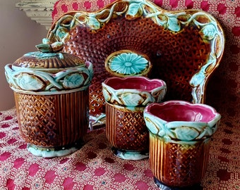 Rare Antique French Majolica Boudoir Tray Set / Vanity / Cuisine Set-Rare Lidded Cannister &  Graduated Vases Plus Tray-Wonderful Ensemble