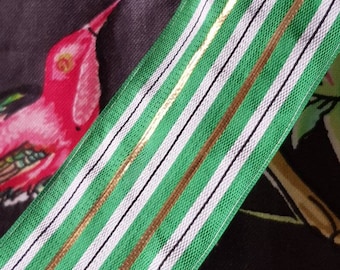 3.04 Mtrs of Stunning Antique French Shimmering Gold Stripe Silky Green Passementerie Ribbon Trim-Vintage Costume, Vetements,Home Decor etc