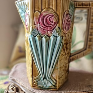 Seltenes antikes französisches Frie Onnaing Majolika Barbotine Faience Art-Deco-Krug / Krug / Hervorragendes glasiertes Muster-Sammlerstück