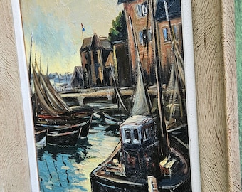 ヴィンテージ フランス製 サイン入り 海事港湾風景 タブロー絵画