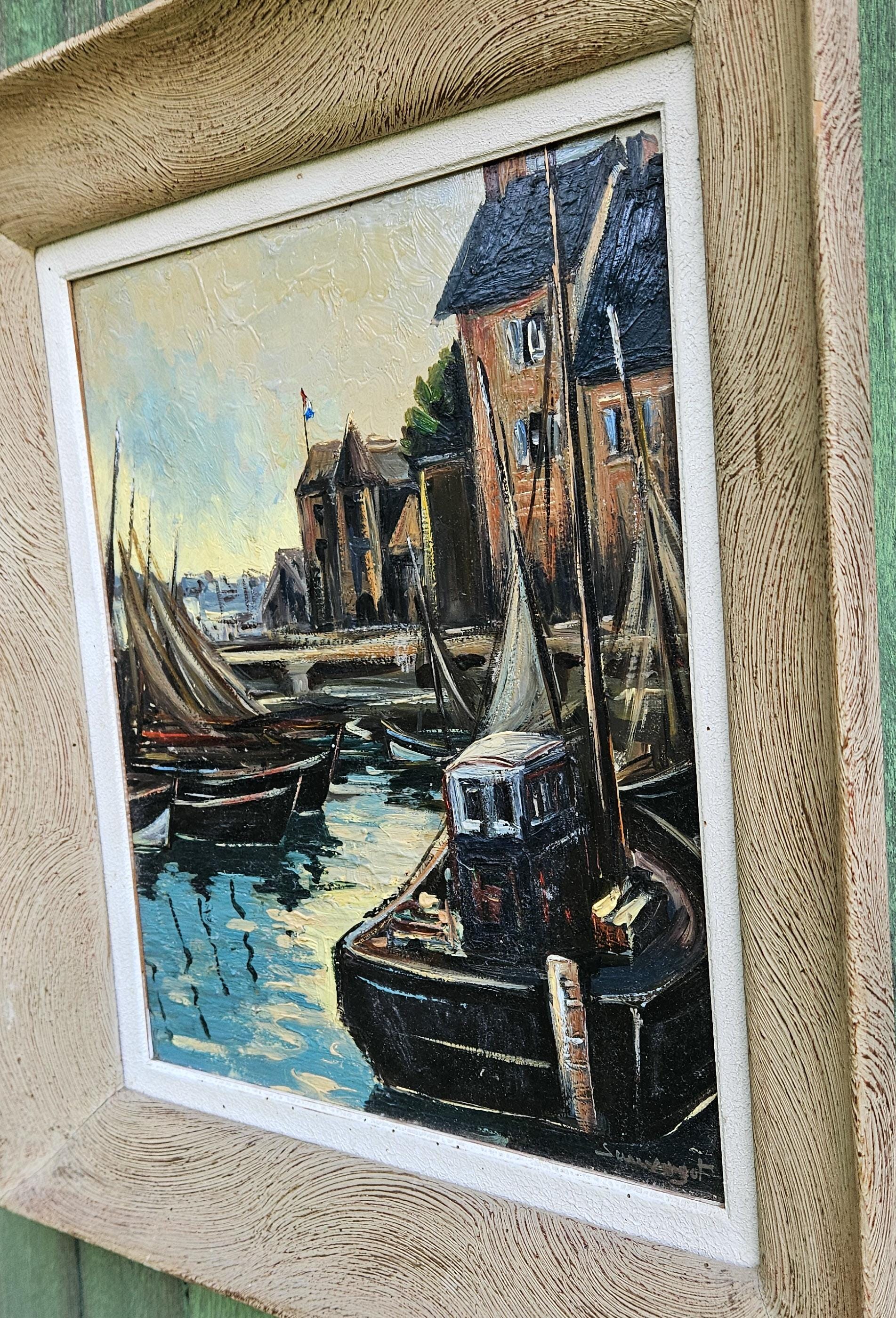 ヴィンテージ フランス製 サイン入り 海事港湾風景 タブロー絵画