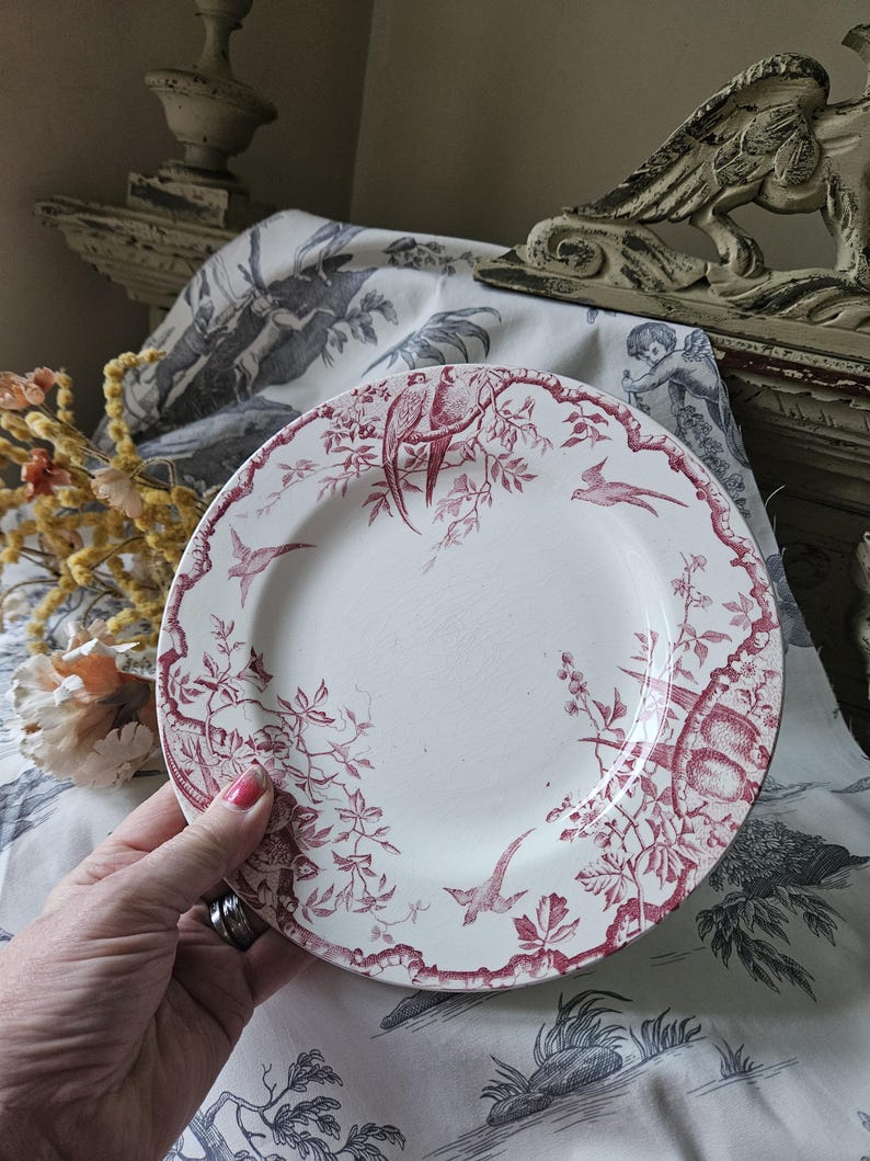 Häpnadsväckande 1800-tals antika franska Assiette / Tallrik - Modell 'Rambouillet' de K & G Luneville en Terre de Faïence Rose / Rosa och vita fåglar... bild 3