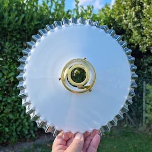 Fabulous Vintage French 1930&#39;s White Opaque Glass Pendant Ceiling Light, Coolie Shade, Frilled Edges, Brass Fitment, Industrial Salvage item