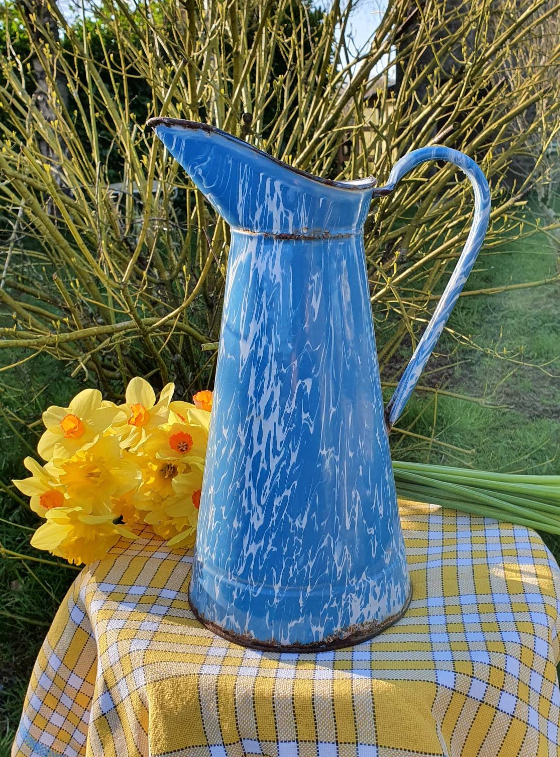 Chic - Shabby Large Antique Français Blue & White Marbled Enamel Water Jug Pitcher/Pail-Vintage Kitc