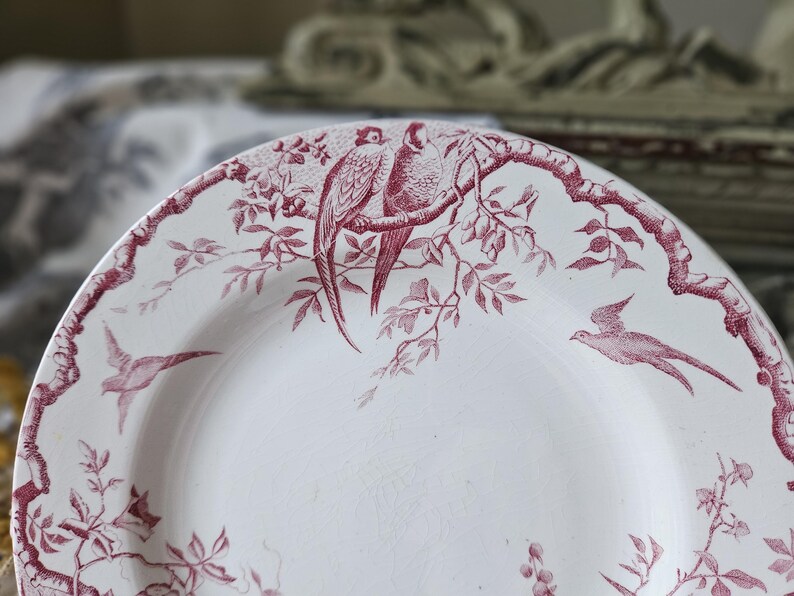 Häpnadsväckande 1800-tals antika franska Assiette / Tallrik - Modell 'Rambouillet' de K & G Luneville en Terre de Faïence Rose / Rosa och vita fåglar... bild 4