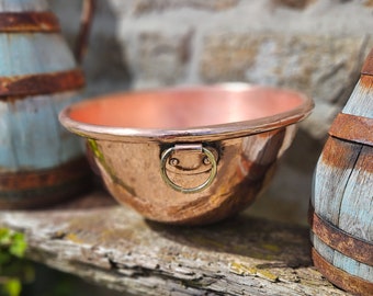 Stunning Rustic Antique French Hammered Cul de Poule-Rolled Top Copper Cuivre Mixing Bowl-Wonderful Timeworn Patina-Brass  Hanging Ring-Fab!