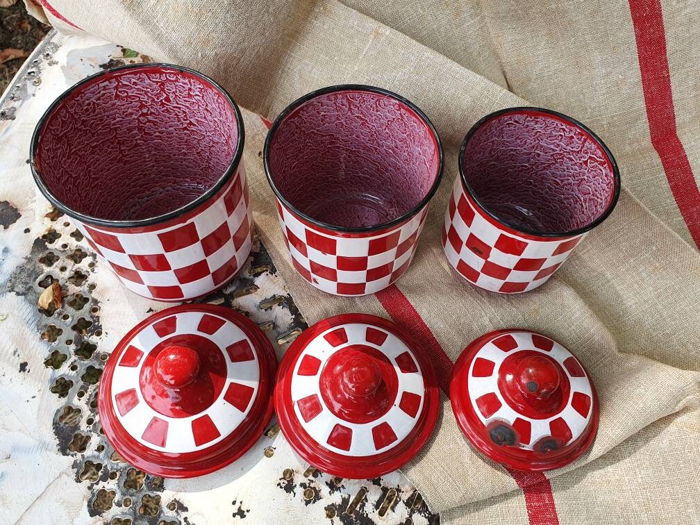 Striking Trio of Graduated Antique French Art-deco Red & White
