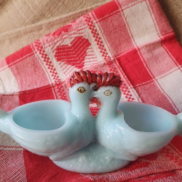 Delightful Antique French Art-Deco Vallerystahl Turquoise Opaline / Milk Glass Salière, Double-sided Chickens Salt, Table Condiment Piece...