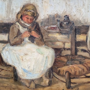 Middeleeuwse expressionistische Franse ingelijste zittende vrouw / kind breien studie olieverf op karton tableau / schilderij, Huile à Bord Impasto ca. 1950's