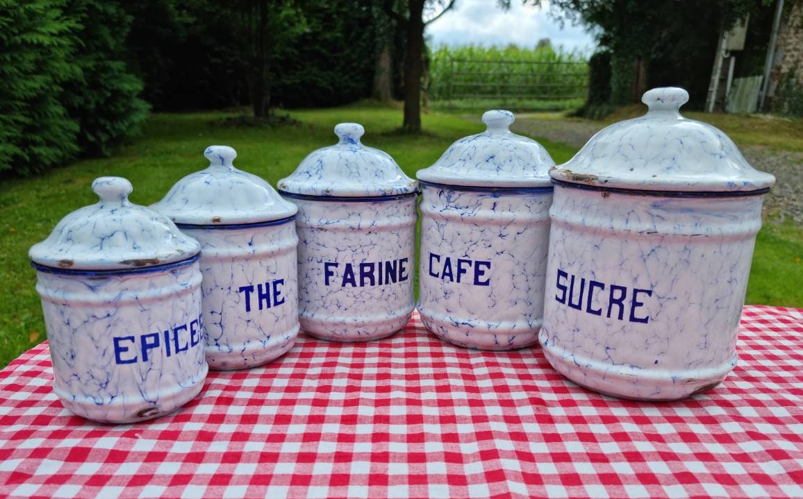 Fabuleusement Français Pots de Rangement en Émail Gradué Bleu et Blanc Marbrés/Cannisters, Vintage K