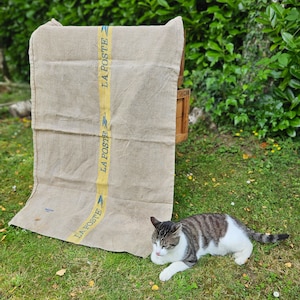 May include: A tan burlap sack with blue and yellow stripes and the text "LA POSTE" repeated three times. A tabby cat is lying on the grass in front of the sack.