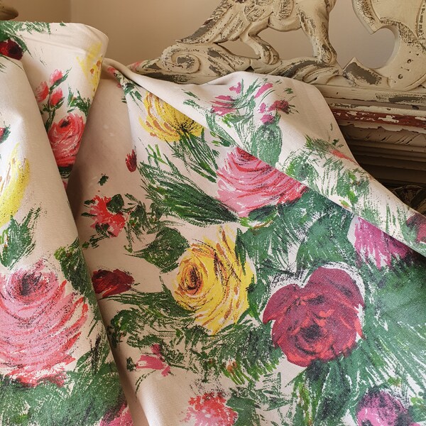 Impresionante vintage francés 1950 Shabby Floral Roses Tela Remanente-''ARIEL'' Proyecto Perfecto Impreso Algodón Textil, Tapicería, Cojines, etc.