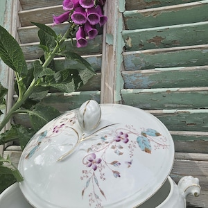 STUNNING & Unique Antique French Hand-Decorated Faience Porcelain Tureen-Soupière-Covered Serving Dish-Vegetables-Legumes...Violet,Aqua Tint