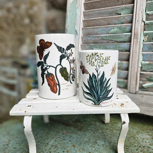 May include: Two white ceramic planters with botanical illustrations. One features a pepper plant with orange and green peppers, the other a blue-green plant with butterflies. They sit on a small, white, distressed metal table.