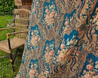 IMPRESIONANTE Boutis / edredón francés antiguo del siglo XIX, acolchado a mano, RARO, toile floral de cretona azul napoleónico para vestidor Boudoir vintage.