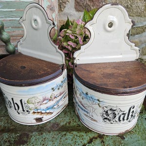RARE Pair of Antique French-found German Enamelled Salt & Flour Boxes-Exquisite Snowscape Detailing-Magnificent Unique Cuisine Storage Boxes