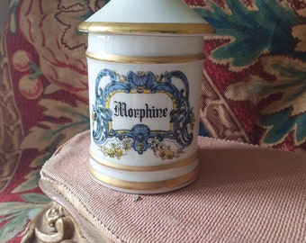 Superbe petit/petit format vintage français rehaussé de dorure en porcelaine de Limoges pot d'apothicaire-MORPHINE pharmacie pharmacie chimiste pot