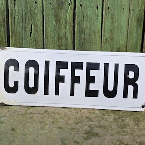 Antique French Striking Antique Enamel COIFFEUR Advertising / Publicité  Black & White Enamelled Sign-Loft-Appartment-Industrial Home Decor