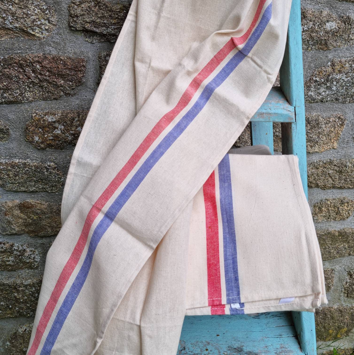 Single Fabuleusement Français Vintage Rouge & Bleu Rayé Coton Lin Torchon - Cuisine Linge Chic, Coul