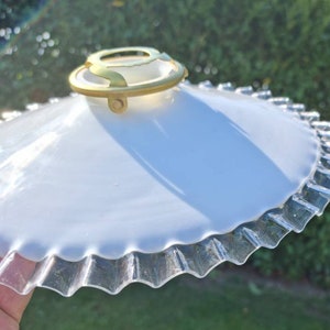 Fabulous Vintage French 1930&#39;s White Opaque Glass Pendant Ceiling Light, Coolie Shade, Frilled Edges, Brass Fitment, Industrial Salvage item