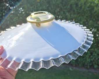 Fabulous Vintage French 1930&#39;s White Opaque Glass Pendant Ceiling Light, Coolie Shade, Frilled Edges, Brass Fitment, Industrial Salvage item