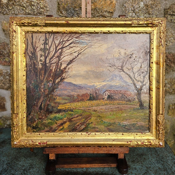Charming Antique French Signed Oil on Board Rural Countryside Landscape Tableau, Framed Oil Painting - Unique Neutral Home Decor Peinture