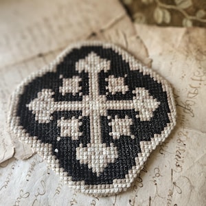 Antique French Medieval Religious-themed Crucifix Tapestry Applique-Striking Colourway-perfect for Home Decor Sewing Projects-Cushions etc..