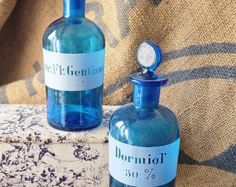 希少なアンティーク フランス ターコイズ ブルー ガラス 薬局