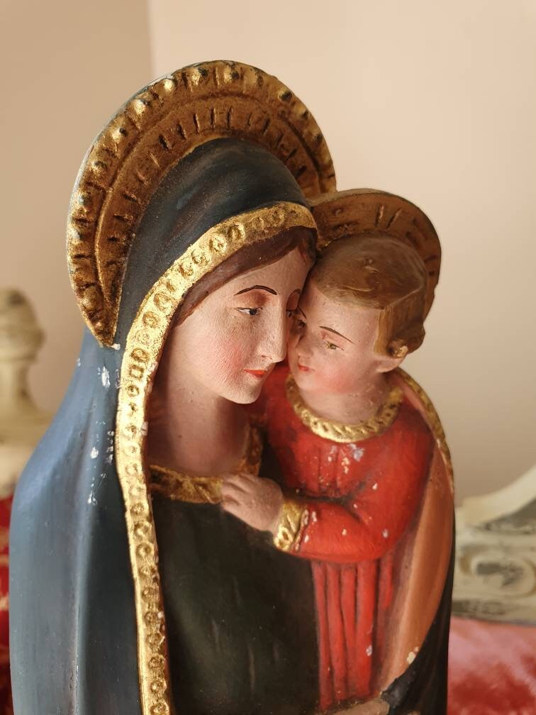 Magnifique Antique Français Grande Peinture à La Main Chalkware Statue Religieuse-Mater Boni Consili