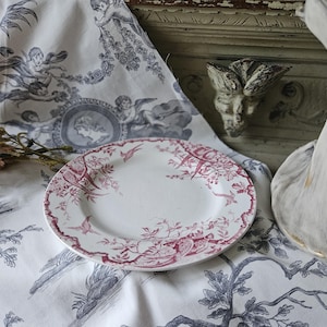 Häpnadsväckande 1800-tals antika franska Assiette / Tallrik - Modell 'Rambouillet' de K & G Luneville en Terre de Faïence Rose / Rosa och vita fåglar... bild 5